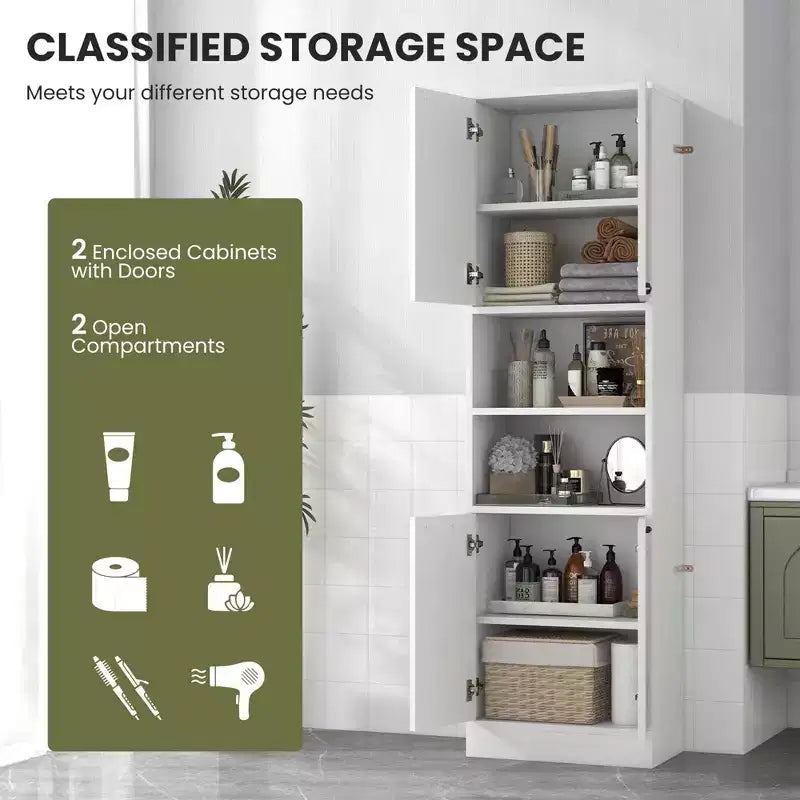 Costway Armoire de Rangement Haute pour Salle de Bain 75" avec 4 Portes et 2 Compartiments Ouverts Autonome Noir/Blanc