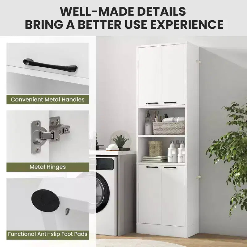 Costway Armoire de Rangement Haute pour Salle de Bain 75" avec 4 Portes et 2 Compartiments Ouverts Autonome Noir/Blanc