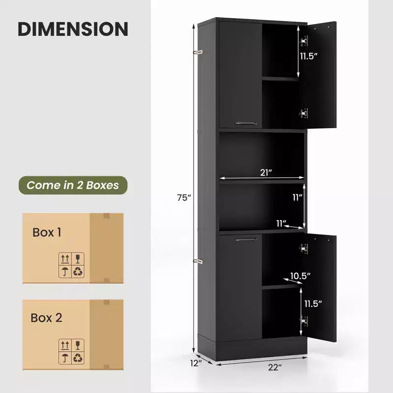 Costway Armoire de Rangement Haute pour Salle de Bain 75" avec 4 Portes et 2 Compartiments Ouverts Autonome Noir/Blanc