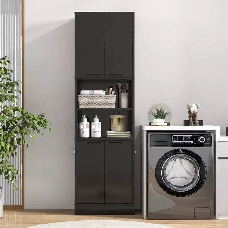 Costway Armoire de Rangement Haute pour Salle de Bain 75" avec 4 Portes et 2 Compartiments Ouverts Autonome Noir/Blanc