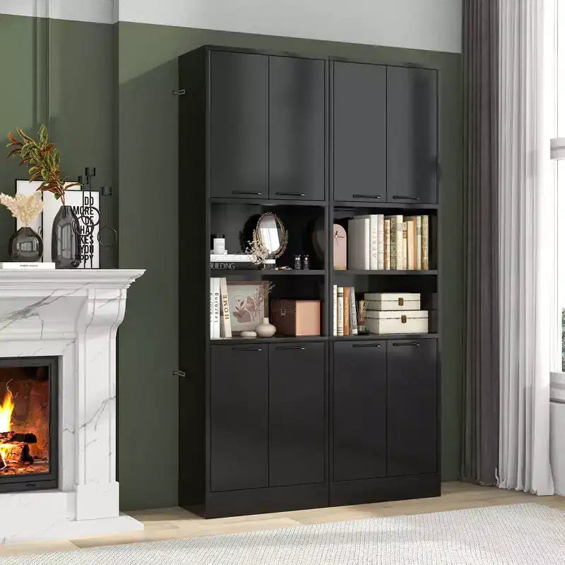 Costway Armoire de Rangement Haute pour Salle de Bain 75" avec 4 Portes et 2 Compartiments Ouverts Autonome Noir/Blanc