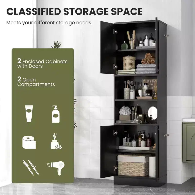 Costway Armoire de Rangement Haute pour Salle de Bain 75" avec 4 Portes et 2 Compartiments Ouverts Autonome Noir/Blanc