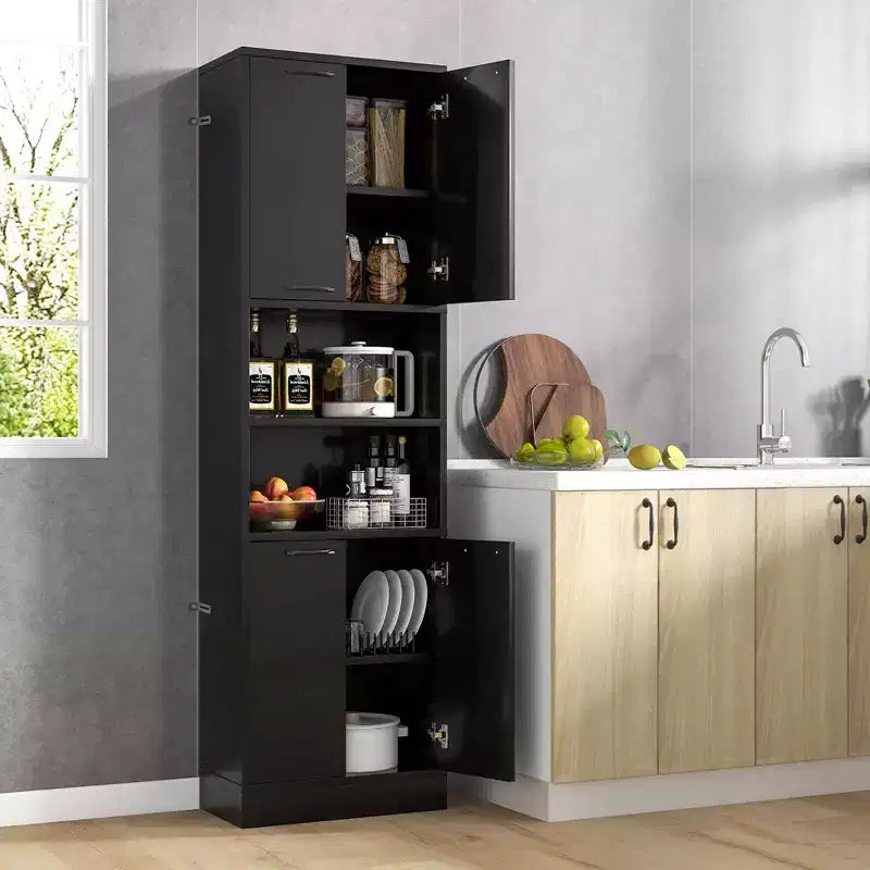 Costway Armoire de Rangement Haute pour Salle de Bain 75" avec 4 Portes et 2 Compartiments Ouverts Autonome Noir/Blanc