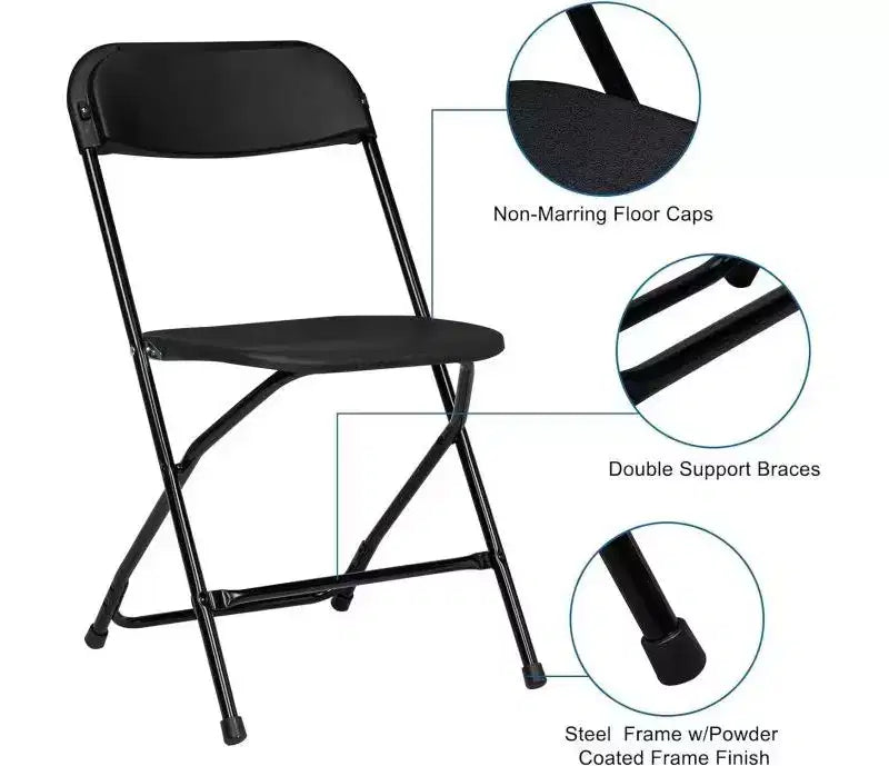 Lot de 6 chaises pliantes en plastique, assise en PEHD, cadre en acier, capacité de 159 kg, empilables, noires.