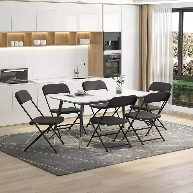 Lot de 6 chaises pliantes en plastique, assise en PEHD, cadre en acier, capacité de 159 kg, empilables, noires.