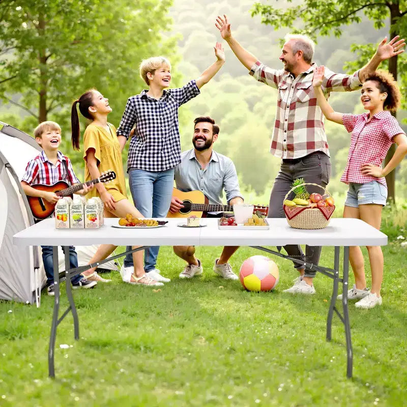 6 Foot Portable Folding Table HDPE Indoor Outdoor Powder-Coated Steel Legs Seats 8 White