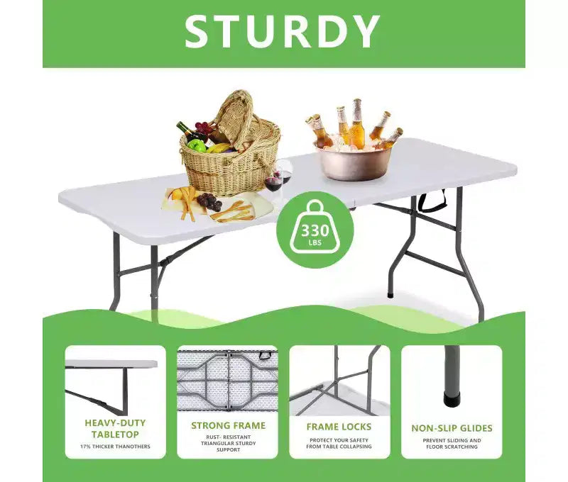 6 Foot Portable Folding Table HDPE Indoor Outdoor Powder-Coated Steel Legs Seats 8 White