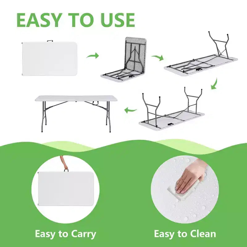 6 Foot Portable Folding Table HDPE Indoor Outdoor Powder-Coated Steel Legs Seats 8 White