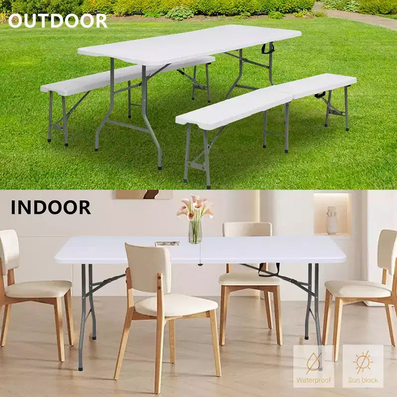 6 Foot Portable Folding Table HDPE Indoor Outdoor Powder-Coated Steel Legs Seats 8 White