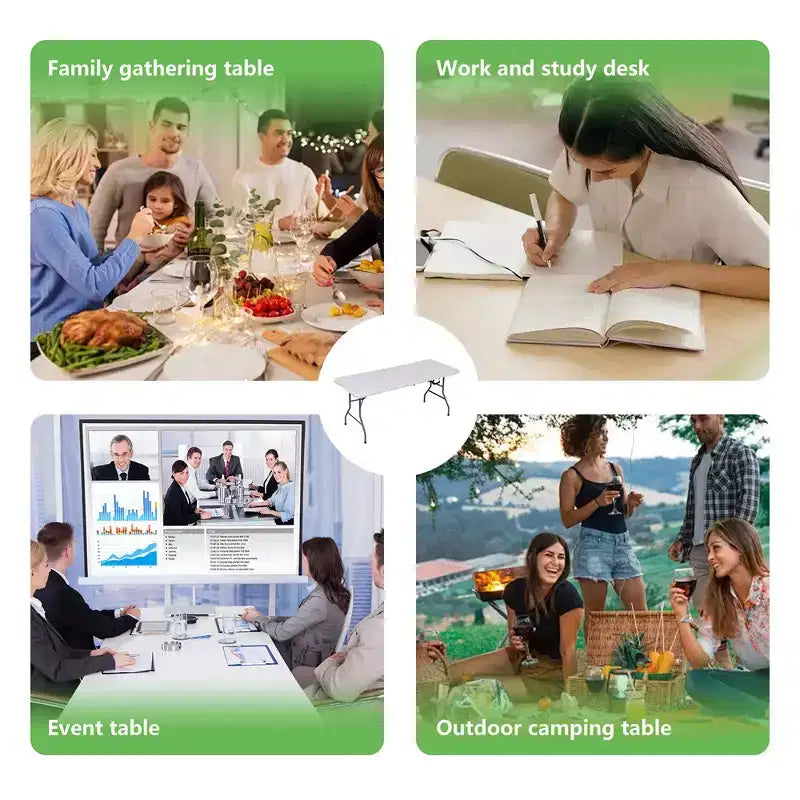 6 Foot Portable Folding Table HDPE Indoor Outdoor Powder-Coated Steel Legs Seats 8 White