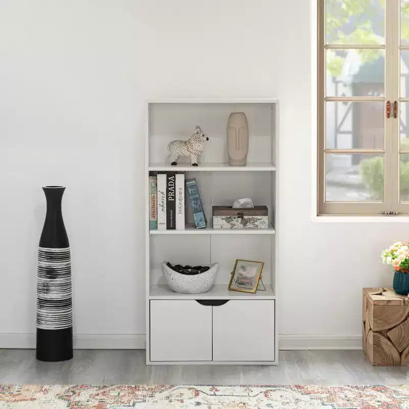 Basicwise 47 3 Tier Open Book Shelf & Bookcases with 2 Doors Storage Cabinet and 1 Adjustable Shelf - Ideal for Home Office, Living Room, Classroom