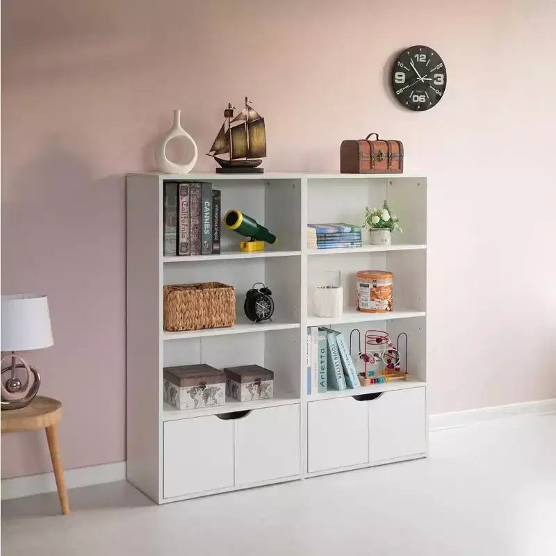 Basicwise 47 3 Tier Open Book Shelf & Bookcases with 2 Doors Storage Cabinet and 1 Adjustable Shelf - Ideal for Home Office, Living Room, Classroom