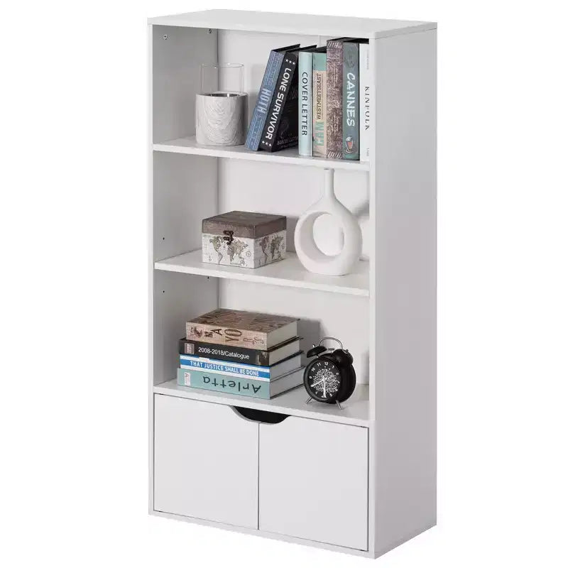 Basicwise 47 3 Tier Open Book Shelf & Bookcases with 2 Doors Storage Cabinet and 1 Adjustable Shelf - Ideal for Home Office, Living Room, Classroom