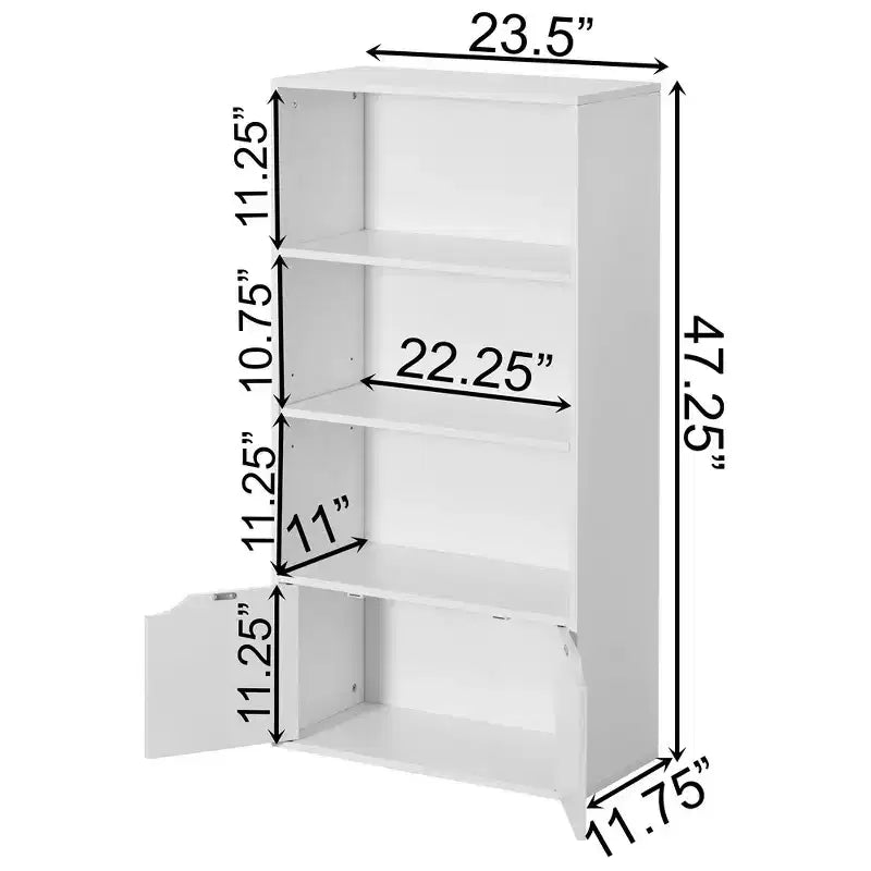 Basicwise 47 3 Tier Open Book Shelf & Bookcases with 2 Doors Storage Cabinet and 1 Adjustable Shelf - Ideal for Home Office, Living Room, Classroom