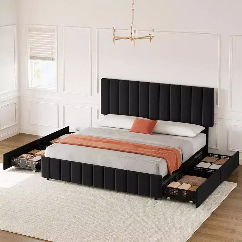 Whizmax Queen Size Bed Frame with Adjustable Headboard and 4 Storage Drawers, Linen Upholstered Platform Bed Frame, No Box Spring Needed