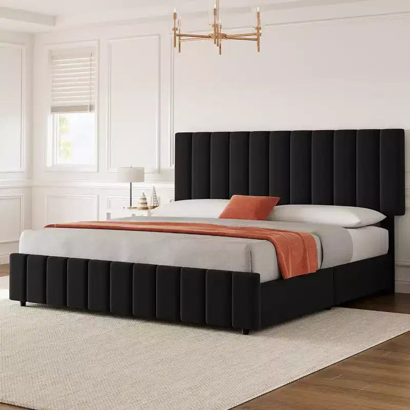 Whizmax Queen Size Bed Frame with Adjustable Headboard and 4 Storage Drawers, Linen Upholstered Platform Bed Frame, No Box Spring Needed