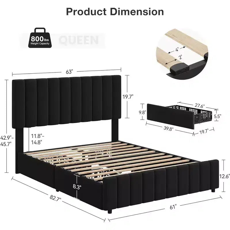 Whizmax Queen Size Bed Frame with Adjustable Headboard and 4 Storage Drawers, Linen Upholstered Platform Bed Frame, No Box Spring Needed