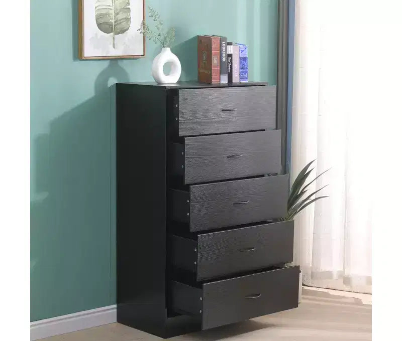 Commode haute à 5 tiroirs pour chambre à coucher 125,5 cm Bois MDF Finition noire