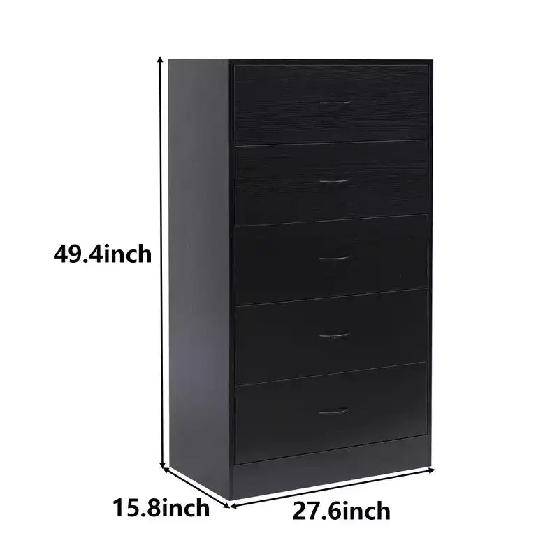 Commode haute à 5 tiroirs pour chambre à coucher 125,5 cm Bois MDF Finition noire