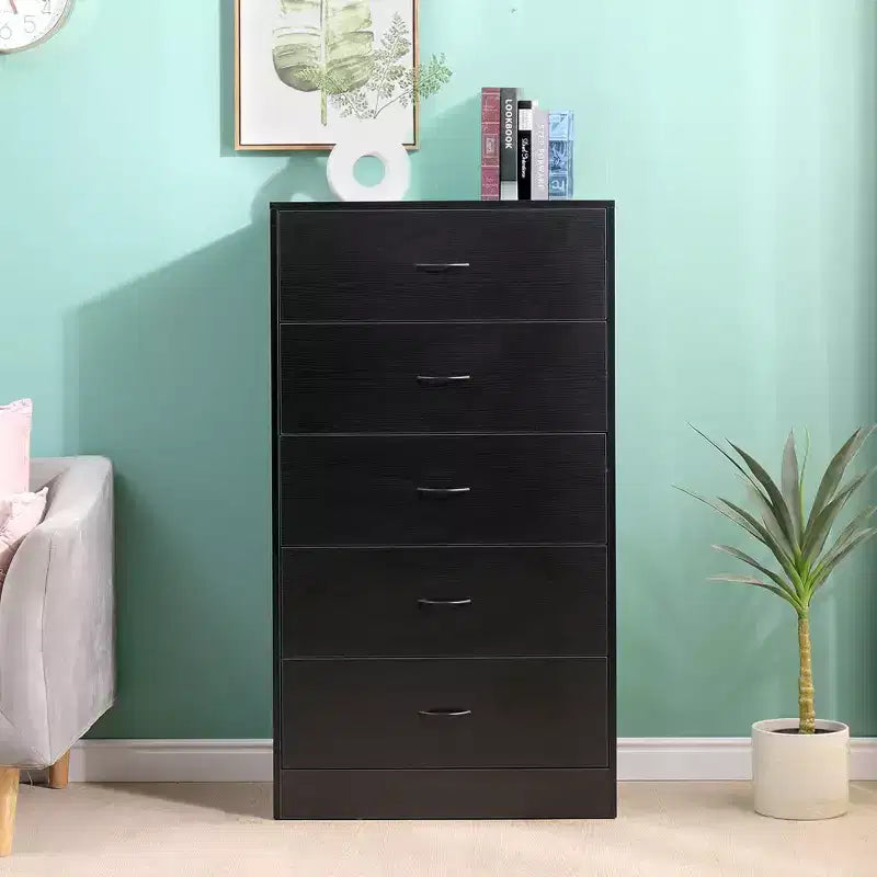 Commode haute à 5 tiroirs pour chambre à coucher 125,5 cm Bois MDF Finition noire