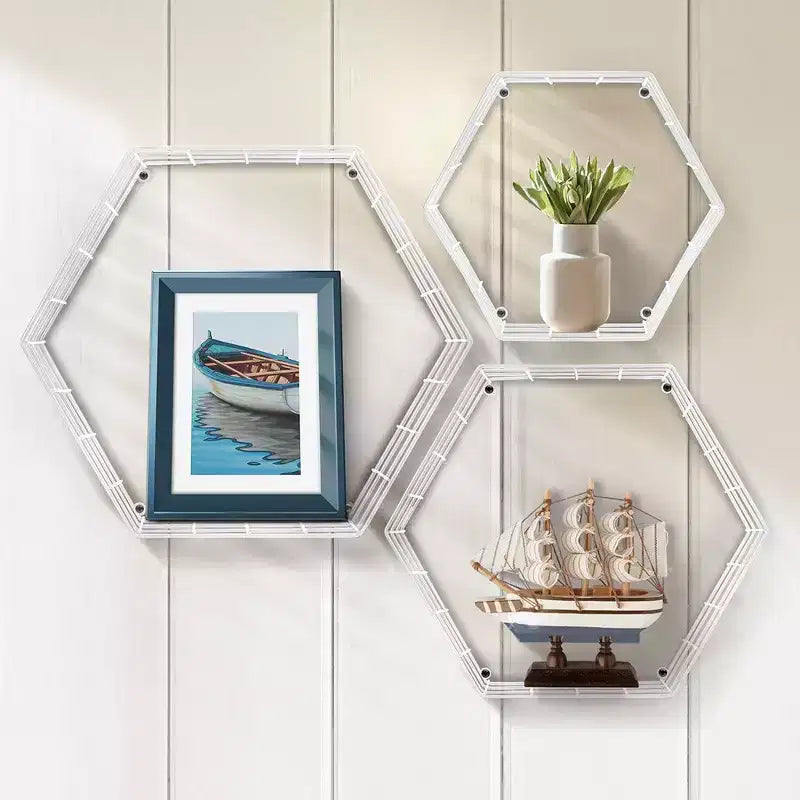 Sorbus Étagères murales flottantes hexagonales en fil métallique, lot de 3 – Blanc