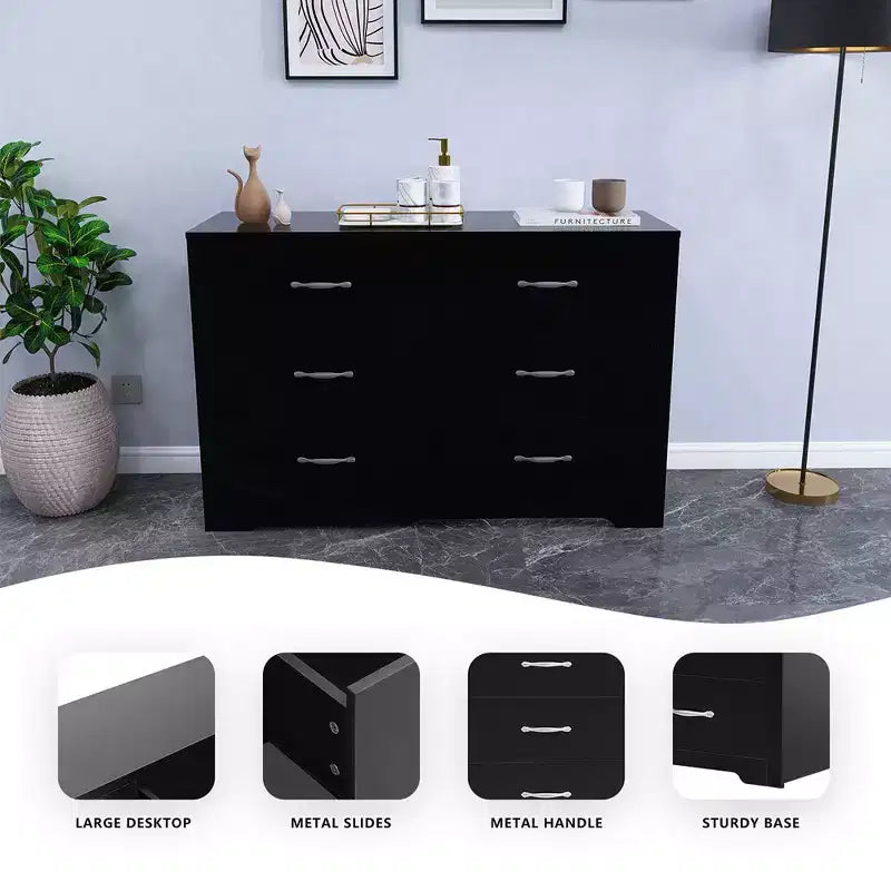 Modern 6-Drawer Dresser Wide Chest of Drawers for Bedroom MDF Wood with Scratch-Resistant Finish, Black
