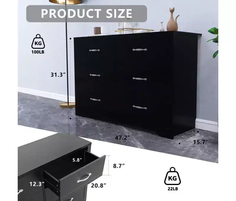 Modern 6-Drawer Dresser Wide Chest of Drawers for Bedroom MDF Wood with Scratch-Resistant Finish, Black