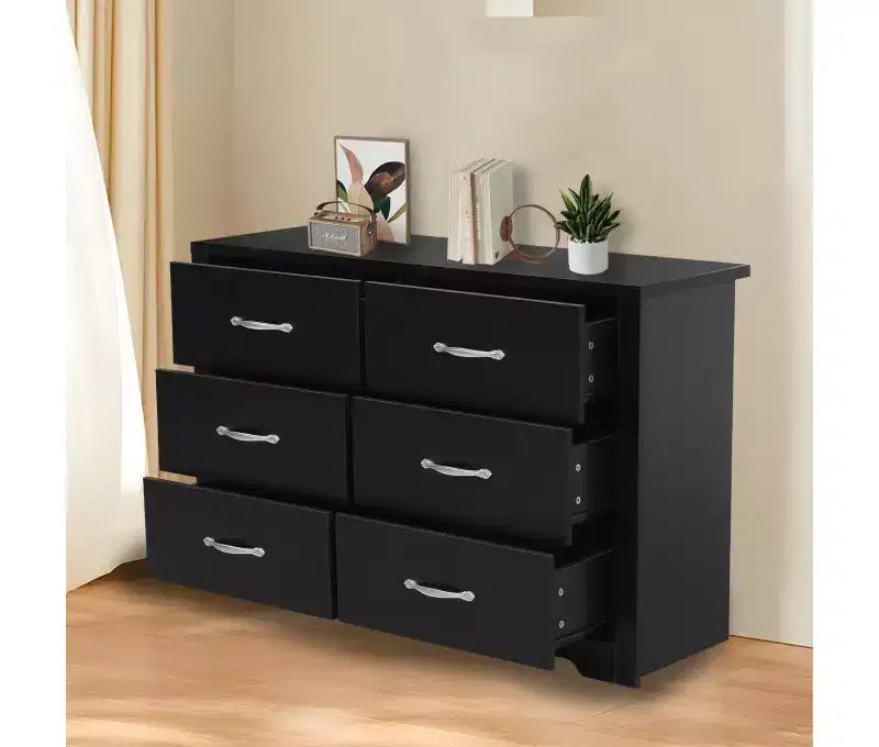 Modern 6-Drawer Dresser Wide Chest of Drawers for Bedroom MDF Wood with Scratch-Resistant Finish, Black
