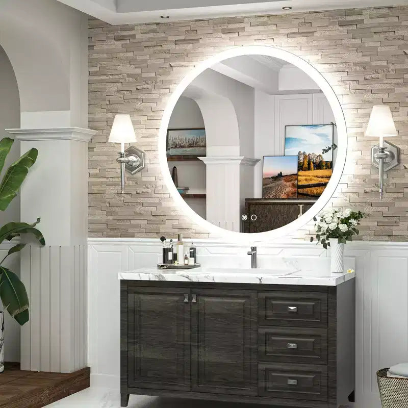 Miroir mural de salle de bain Keonjinn LED rond avec éclairage frontal, 3 températures de couleur réglables, anti-buée