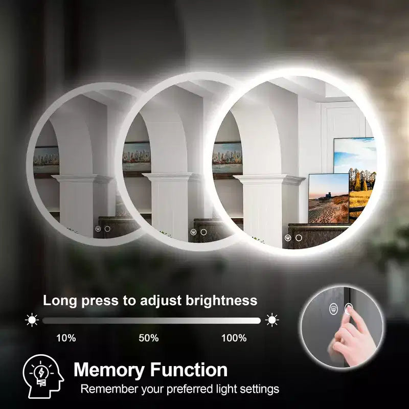 Miroir mural de salle de bain Keonjinn LED rond avec éclairage frontal, 3 températures de couleur réglables, anti-buée
