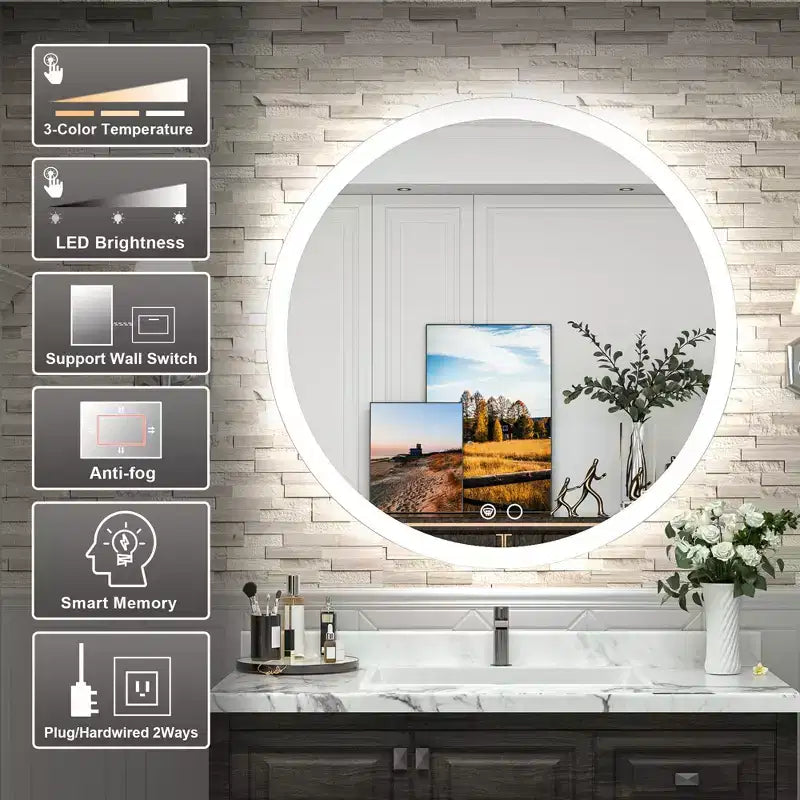 Miroir mural de salle de bain Keonjinn LED rond avec éclairage frontal, 3 températures de couleur réglables, anti-buée