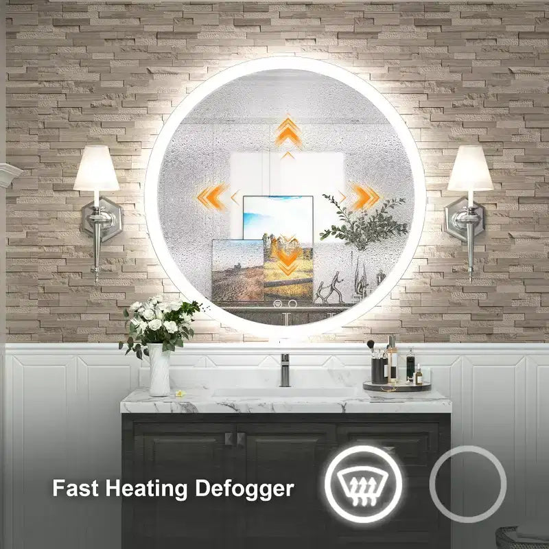 Miroir mural de salle de bain Keonjinn LED rond avec éclairage frontal, 3 températures de couleur réglables, anti-buée