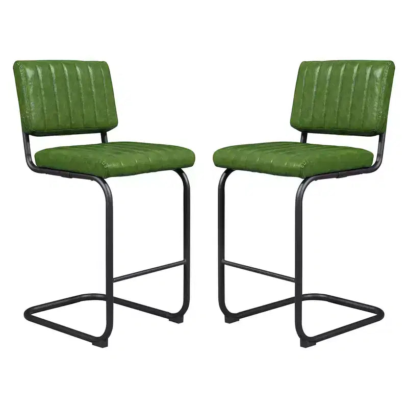 HOMLUX Upholstered Set of 2 Cantilever PU Leather Counter Height Barstool with Black Metal LegsOlive Green