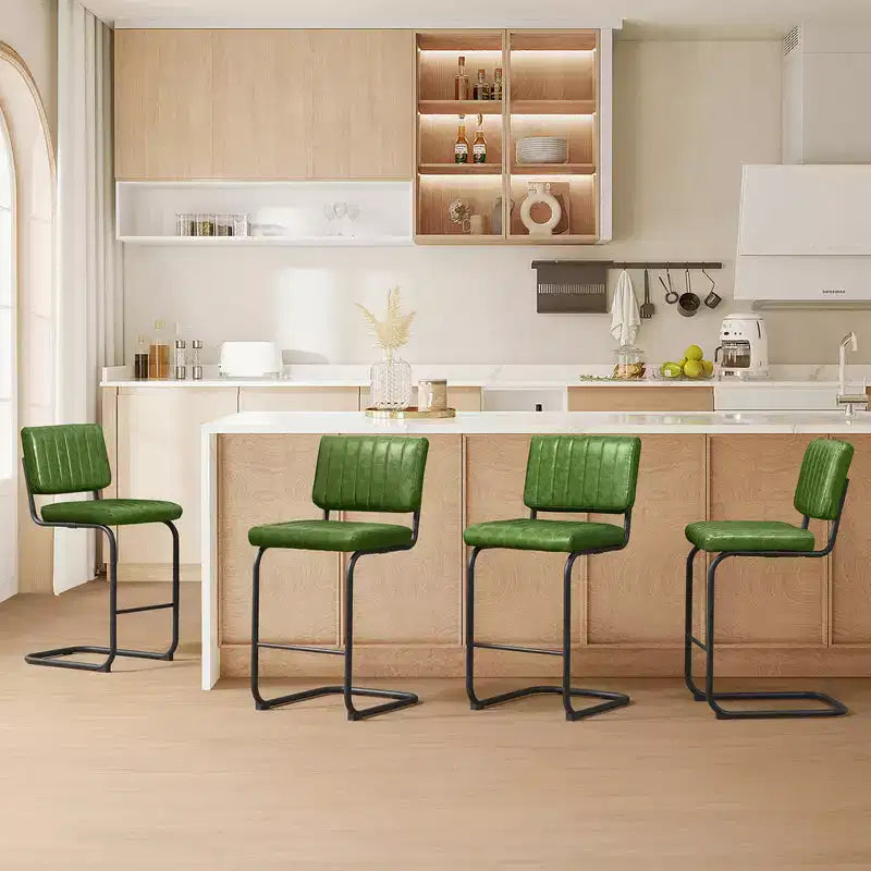 HOMLUX Upholstered Set of 2 Cantilever PU Leather Counter Height Barstool with Black Metal LegsOlive Green