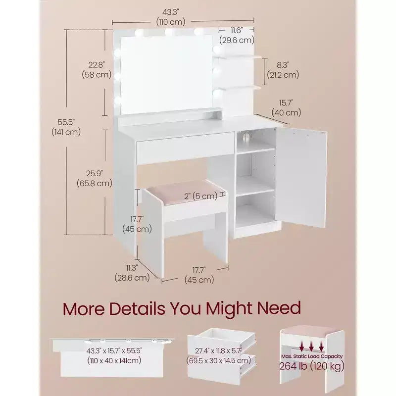 VASAGLE Vanity Desk with Mirror and Lights, 43.3-Inch Wide Makeup Vanity with Upholstered Vanity Stool, Dimmable LED Lights, Cloud White