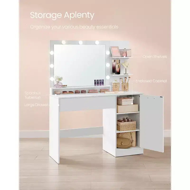 VASAGLE Vanity Desk with Mirror and Lights, 43.3-Inch Wide Makeup Vanity with Upholstered Vanity Stool, Dimmable LED Lights, Cloud White