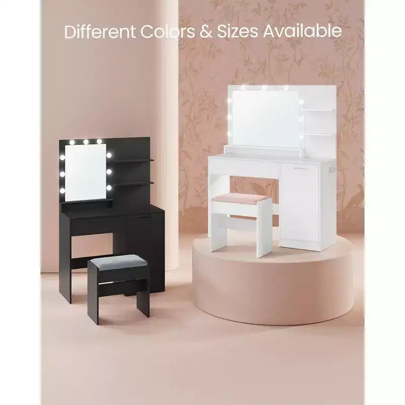 VASAGLE Vanity Desk with Mirror and Lights, 43.3-Inch Wide Makeup Vanity with Upholstered Vanity Stool, Dimmable LED Lights, Cloud White