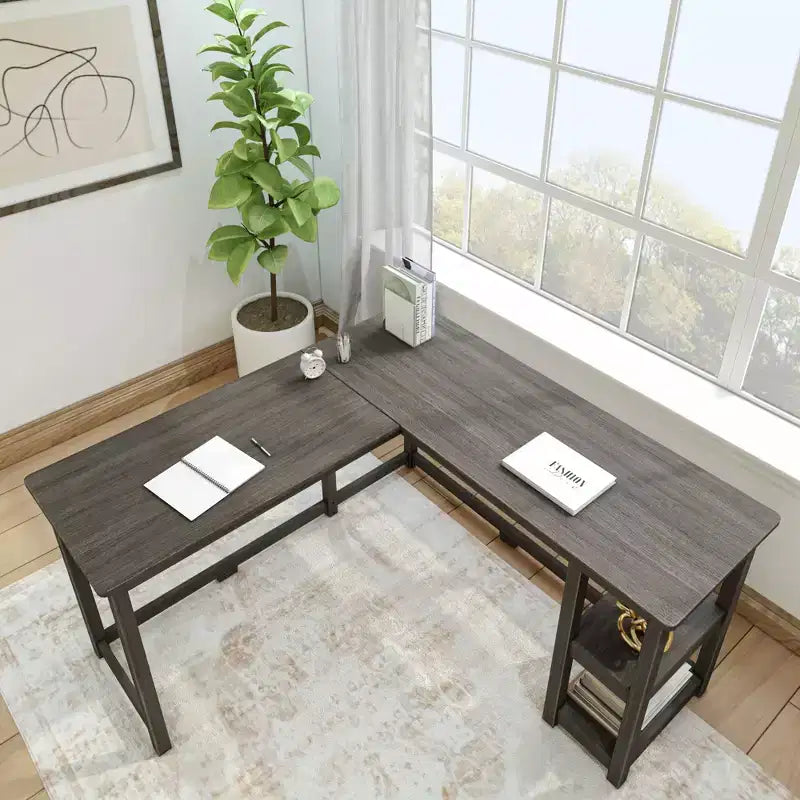 Plank+Beam Solid Wood Corner Desk for Home Office, Gaming, Computer with Storage Shelves