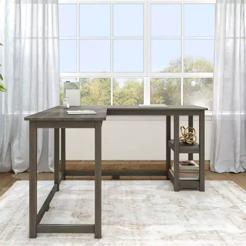 Plank+Beam Solid Wood Corner Desk for Home Office, Gaming, Computer with Storage Shelves