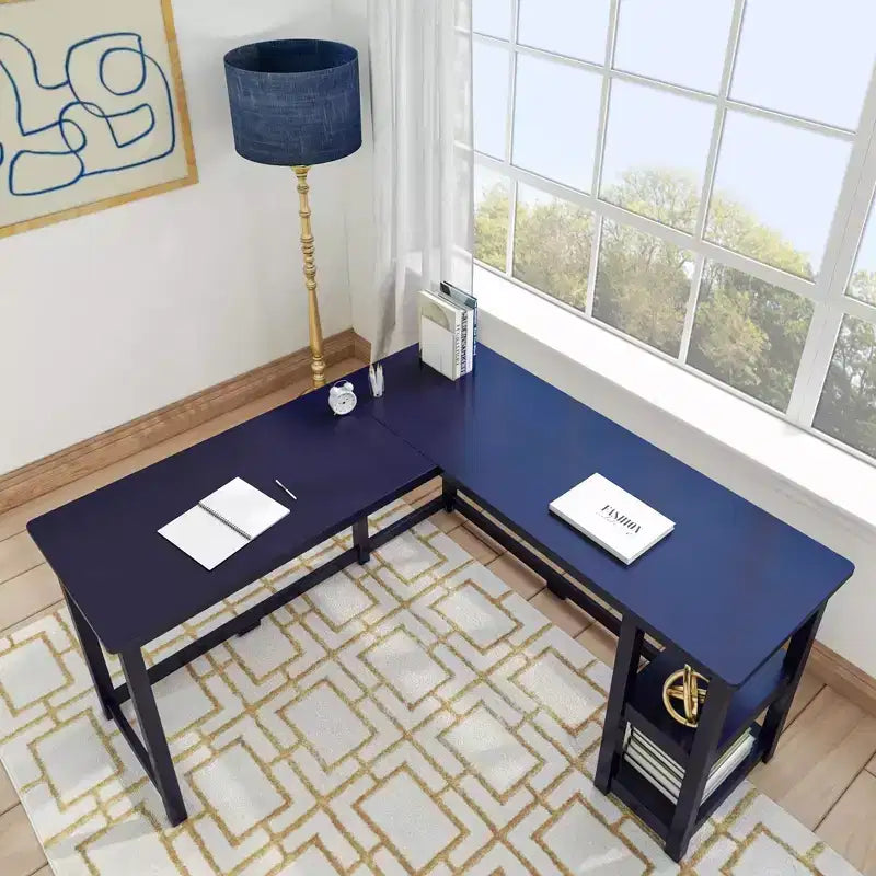 Plank+Beam Solid Wood Corner Desk for Home Office, Gaming, Computer with Storage Shelves