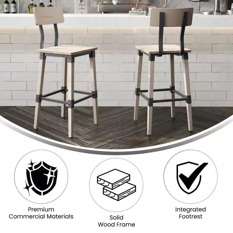 Merrick Lane Bar Height Dining Stools with Steel Supports and Footrest - Set Of 2