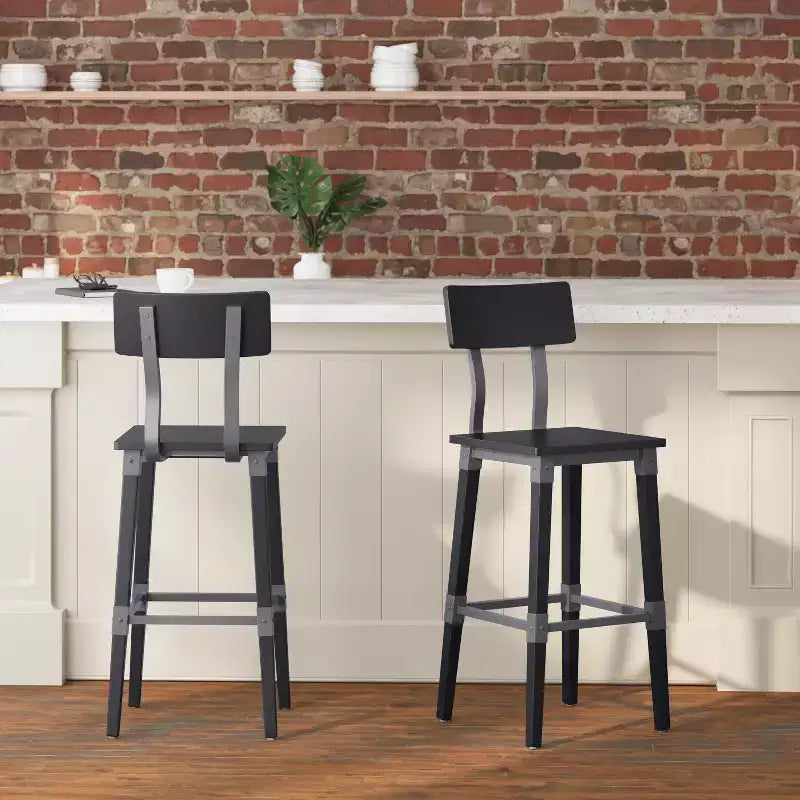 Merrick Lane Bar Height Dining Stools with Steel Supports and Footrest - Set Of 2