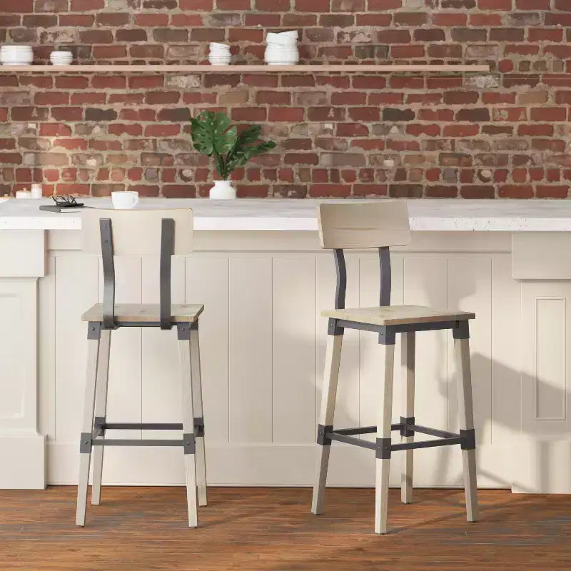 Merrick Lane Bar Height Dining Stools with Steel Supports and Footrest - Set Of 2