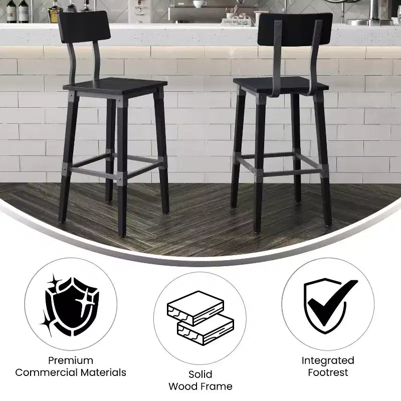 Merrick Lane Bar Height Dining Stools with Steel Supports and Footrest - Set Of 2