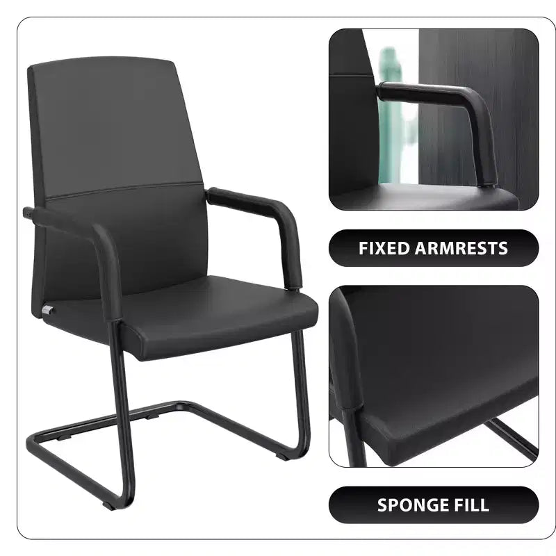 Chaise de bureau LeisureMod Evander moderne en similicuir noir - Piètement luge robuste - Chaise ergonomique pour bureau et visiteurs