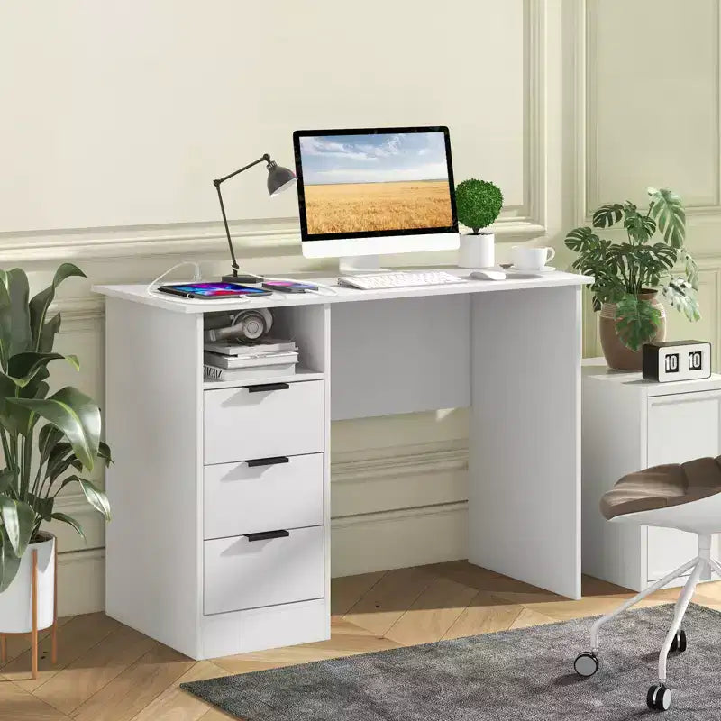 Costway Bureau informatique 108 cm avec station de charge intégrée, 3 tiroirs et étagère ouverte