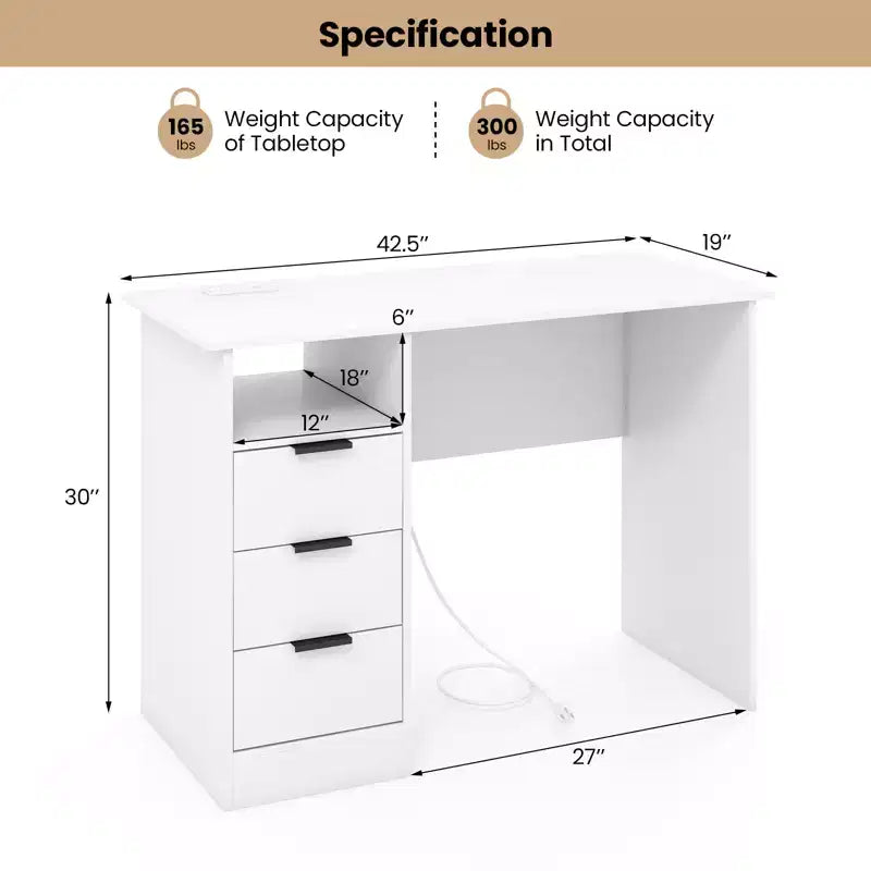 Costway Bureau informatique 108 cm avec station de charge intégrée, 3 tiroirs et étagère ouverte