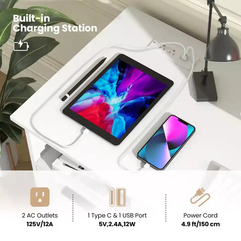 Costway Bureau informatique 108 cm avec station de charge intégrée, 3 tiroirs et étagère ouverte