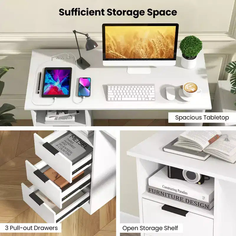 Costway Bureau informatique 108 cm avec station de charge intégrée, 3 tiroirs et étagère ouverte