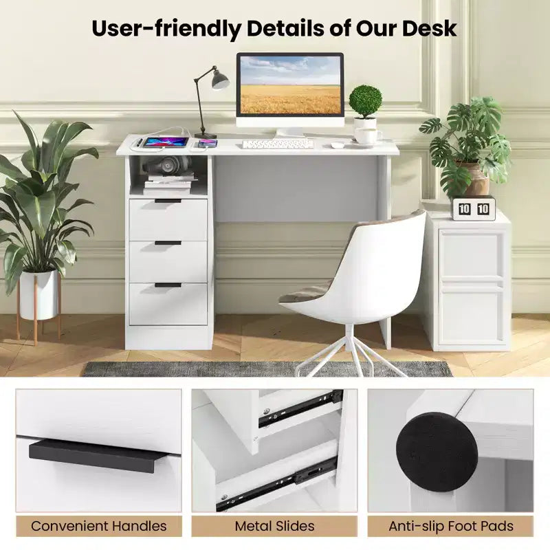 Costway Bureau informatique 108 cm avec station de charge intégrée, 3 tiroirs et étagère ouverte